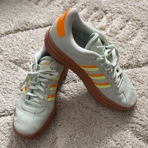 Adidas women’s court bold sneakers, mint green with bright orange/yellow accents